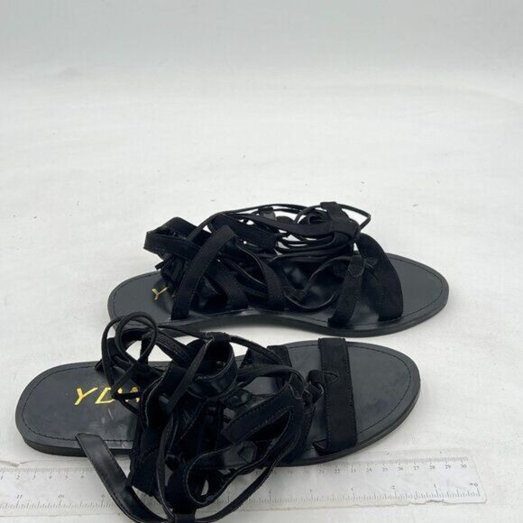 YDN Black Knee High Lace up Flats Fringe Low Heel Gladiator Strap Sandals Shoe - Picture 4 of 8
